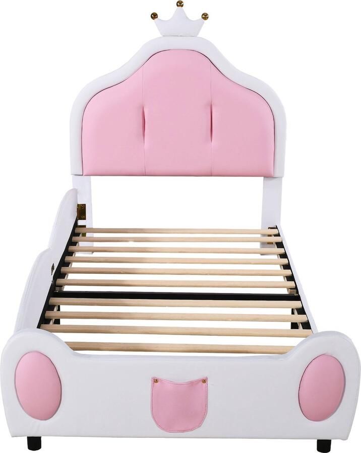 Merax Polsterbett Kinderbett 90*200 cm Kopfteil mit Kranzleiste kindliche Leistengestaltung am Kopf- und Fußende des Bettes zweifarbiges Patchwork-Design Kunstlederstoff Weiß - Foto 2