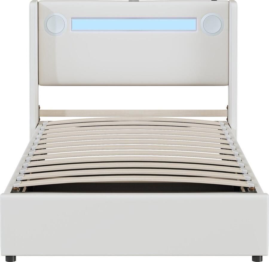 Merax Kinderbed 90x200 cm met LED Verlichting en Bluetooth Speaker – Wit Kunstleer – Eenpersoonsbed met USB Oplaadpunten en Hydraulische Opbergruimte - Foto 2