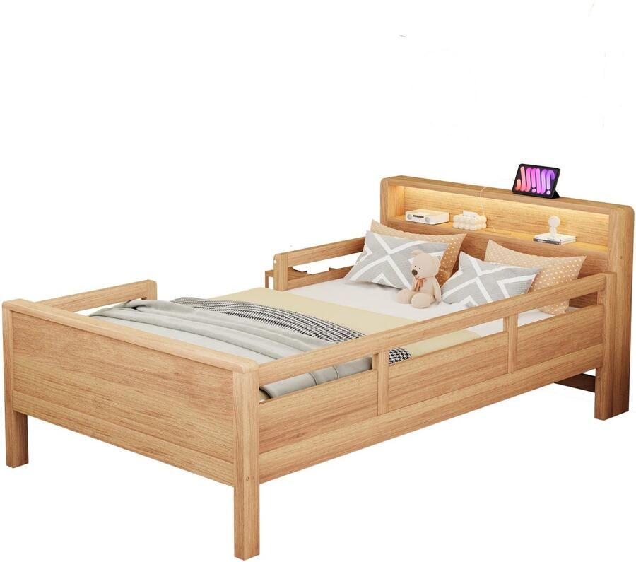 Merax Kinderbed 90x200 – Multifunctioneel Houten Bed met USB-C LED-Verlichting en Opbergruimte – Enkelbed van Massief Hout – Natuurlijk Hout