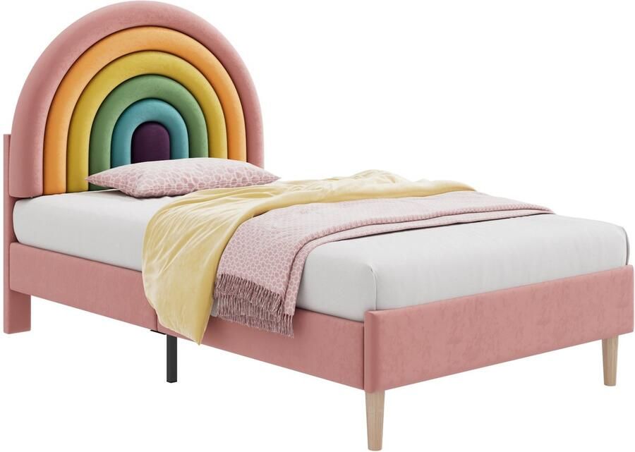 Merax Gestoffeerd Bed 90x200cm Hoogwaardige Fluweelstof Verstelbaar Hoofdeinde Houten Lattenbodem Jeugd- en Volwassenenbed in Rosa