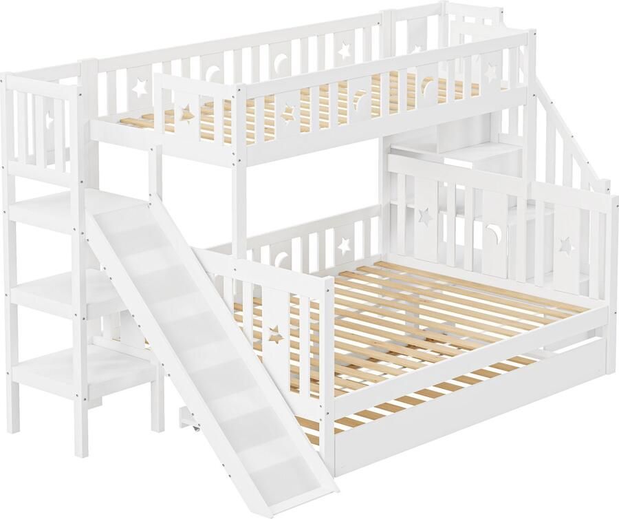 Merax Kinderbed 90x200 140x200 cm Massief Houten Stapelbed met Glijbaan Veiligheidsladder Uittrekbed en Lattenbodem Wit