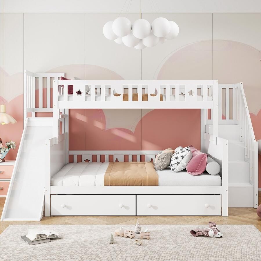 Merax Kinderbed 90x200 140x200 cm stapelbed met glijbaanboekenkast twee lades wit zonder matras