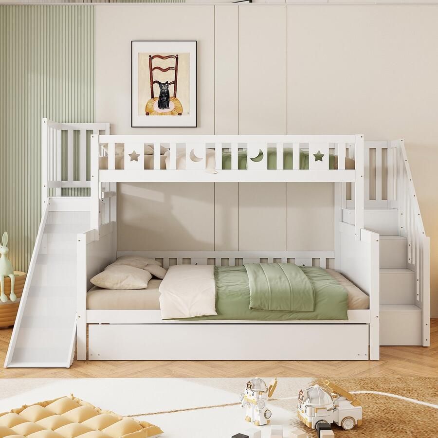 Merax Kinderbed 90x200 140x200 cm stapelbed met glijbaanboekenkast uitschuifbaar bed wit zonder matras