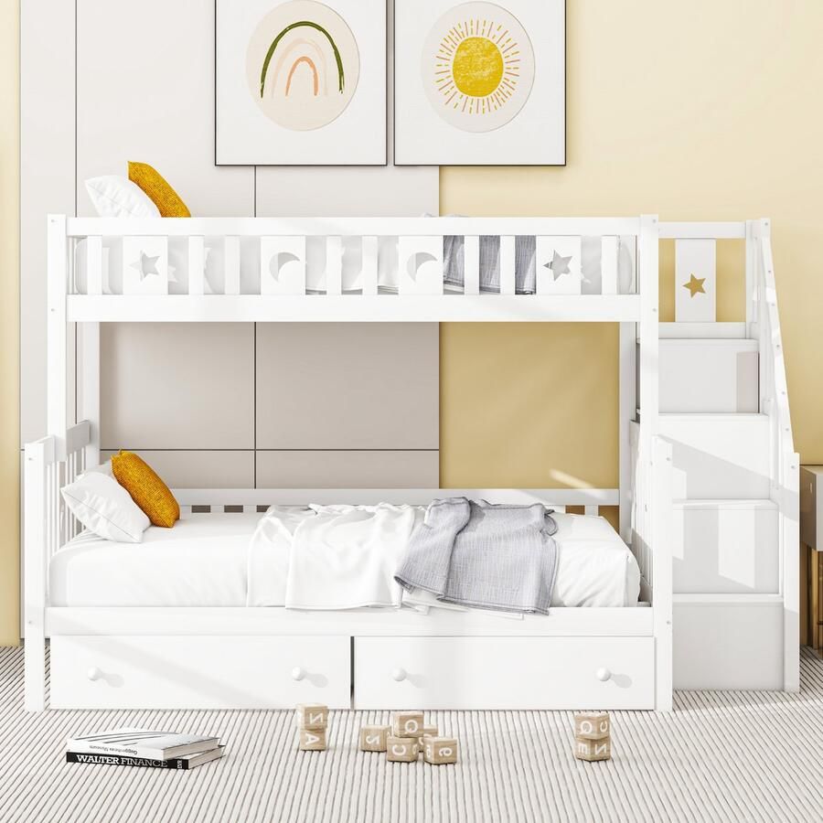 Merax Kinderbed 90x200 140x200 cm stapelbed met veilige ladder twee lades wit zonder matras