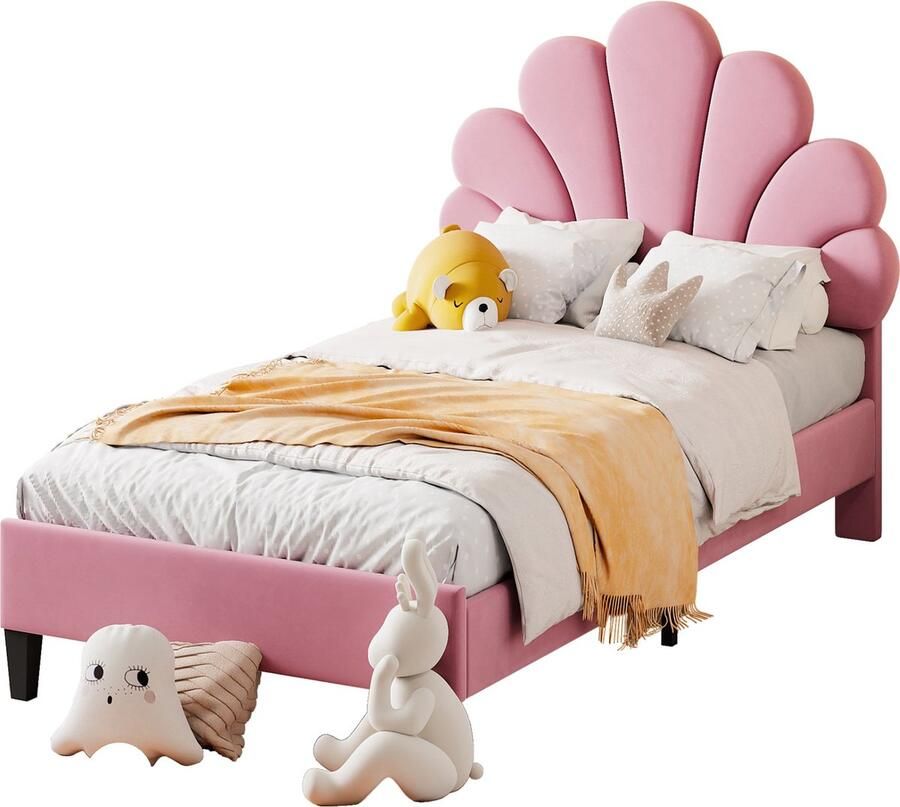 Merax Kinderbed 90x200cm Bed met Hoofdbord in Bloemenvorm en Lattenbodem Teenmeisjesbed in Fluweel Rosa Gastbed