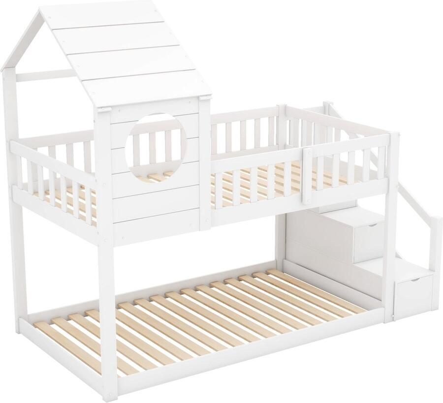 Merax Kinderbed Boomhuis Stijl – Eenpersoonsbed 90x200 cm Hout Antiek Wit