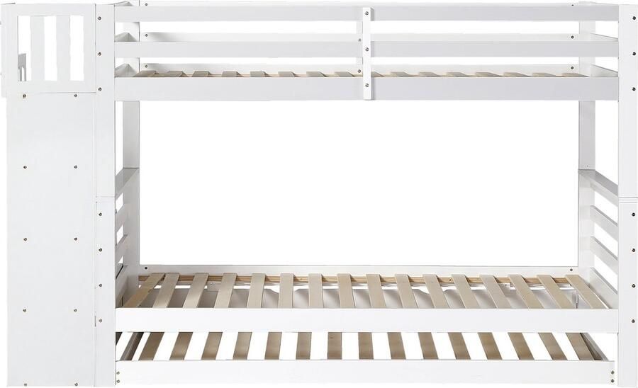 Merax Kinderbed Bunkbed met Uittrekbed Ladder met Opbergruimte Valbeveiliging Pine + MDF Wit 90x200cm & 90x190cm