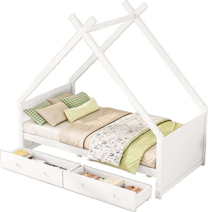 Merax Kinderbed Eenpersoonsbed 90x200 cm Tentvormig Bed met Twee Lades Wit