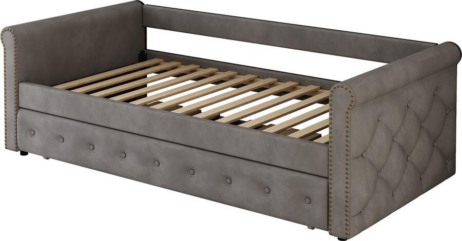 Merax Kinderbed en Uitklapbaar Slaapbankje 90x200 cm – Gestoffeerd Bed voor Kinderen Jeugd en Logees – Grijs Linnen Inclusief Lattenbodem