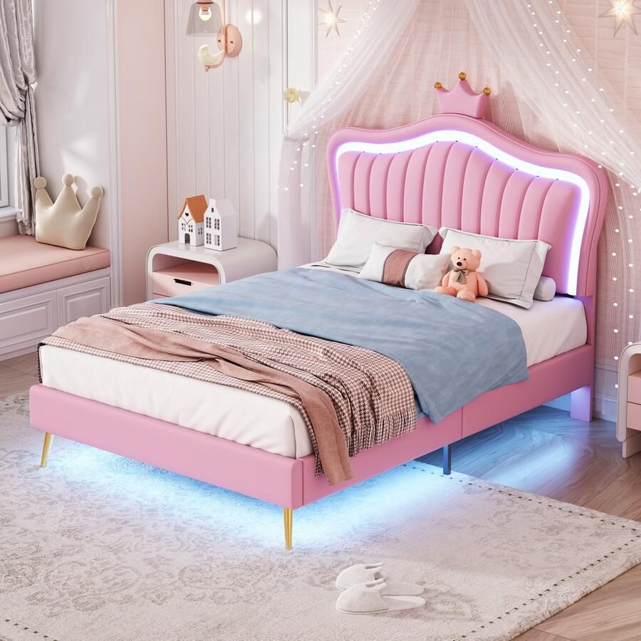 Merax Kinderbed gepoft bed 90 x 200 cm bedframe voor meisjes roze kroon tweepersoonsbed met LED-licht zonder matras