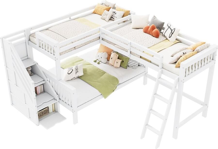 Merax Kinderbed Geschikt voor 3 Kinderen Massief Hout Multifunctioneel Stapelbed met Trap en Opbergruimte 140x200 cm & 90x200 cm Wit