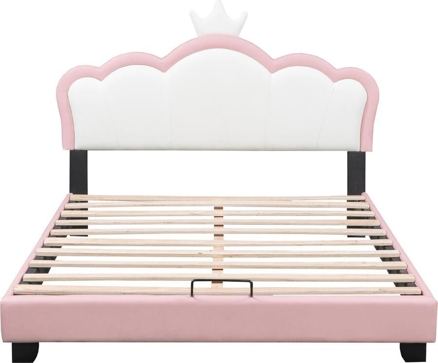 Merax Kinderbed Gestoffeerd 140x200 cm Prinsessenbed voor Meisjes met Kronenhoofdbord Inclusief Lattenbodem Roze (Exclusief Matras)
