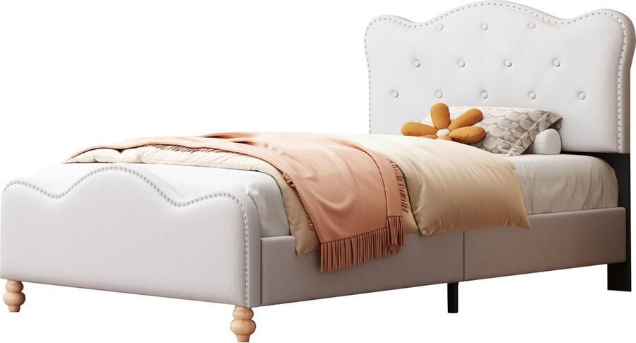 Merax Kinderbed Gestoffeerd 90x200 cm Wit Linnen Stoffen Bedframe met Hoofdbord en Voetbord Inclusief Lattenbodem Eenpersoonsbed voor Kinderen Tieners en Logees (Zonder Matras)