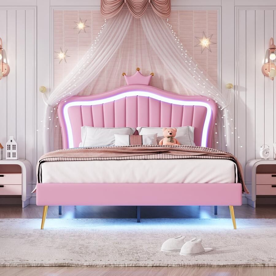 Merax Kinderbed gestoffeerd bed 140 x 200 cm roze kroon hoofdeinde in hoogte verstelbaar tweepersoonsbed met LED-lampje zonder matras