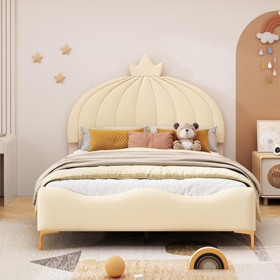 Merax Kinderbed gestoffeerd bed 140x200 cm cartoon hoofdeinde met slingerstrips gewelfde afwerking hoge metalen voetsteun beige zonder matras
