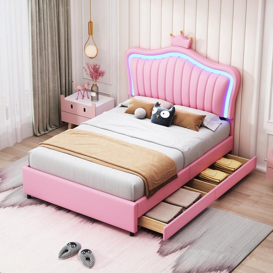 Merax Kinderbed gestoffeerd bed 90 x 200 cm roze kroon eenpersoonsbed voor meisjes met opberglades LED-verlichting zonder matras