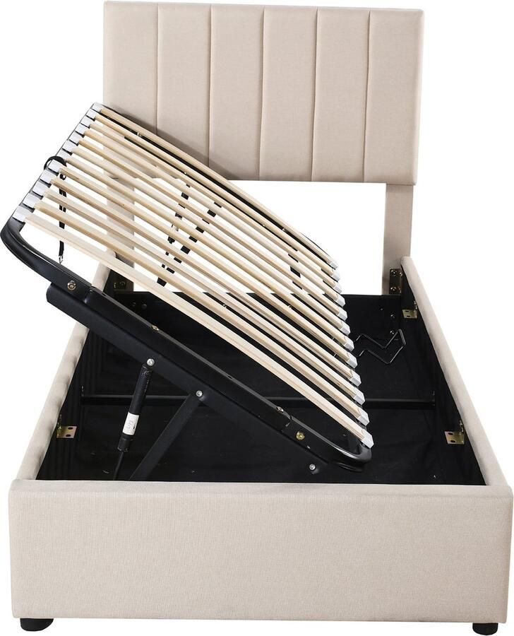 Merax Kinderbed gestoffeerd bed 90x200 cm hydraulisch bed met opbergruimte huidvriendelijk linnen hoge bedstee beige - Foto 2