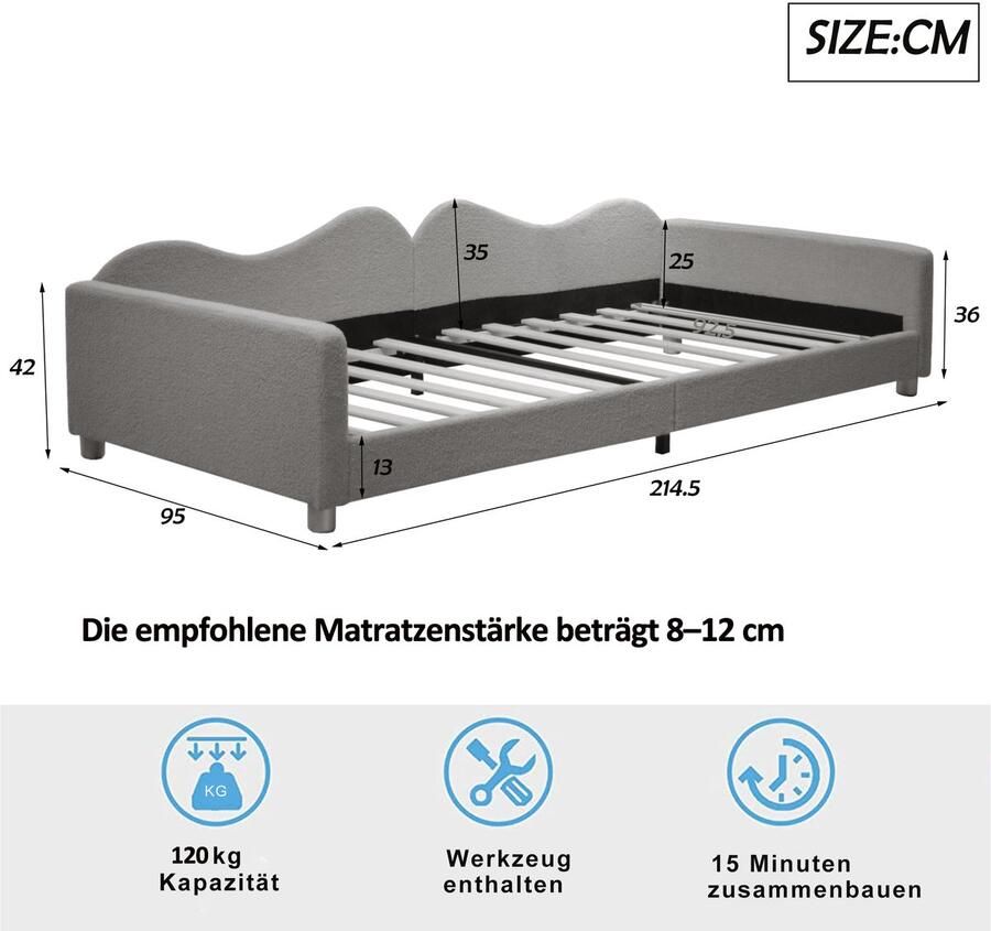 Merax Kinderbed gestoffeerd bed 90x200cm slaapbank met rugleuning en armleuningen grijs zonder matras