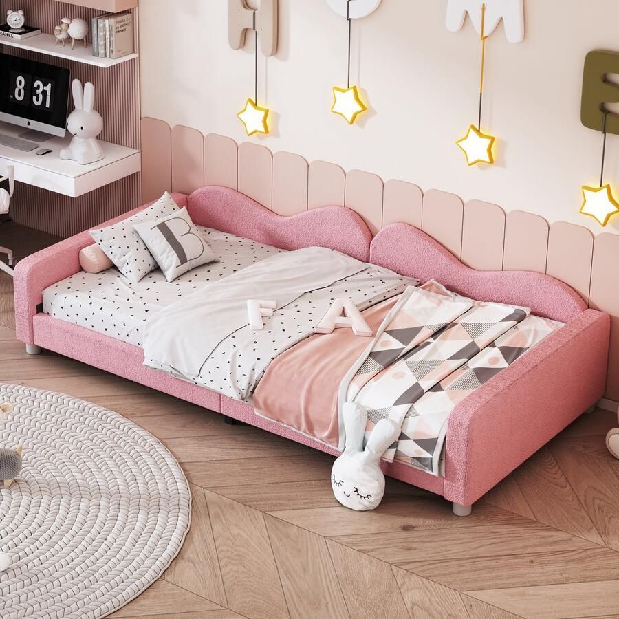 Merax Kinderbed gestoffeerd bed 90x200cm slaapbank met rugleuning en armleuningen roze zonder matras
