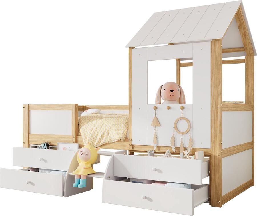 Merax Kinderbed – Halfhoog Bed in Huisvorm met Dak en Raam – Inclusief 4 Lades en Kleine Trap – 90x200 cm – Wit + Naturel – Hout en MDF