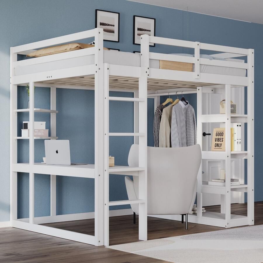 Merax Kinderbed hoogslaper 140x200 cm met ladder met tafel met hangers en planken tweepersoonsbed wit zonder matras