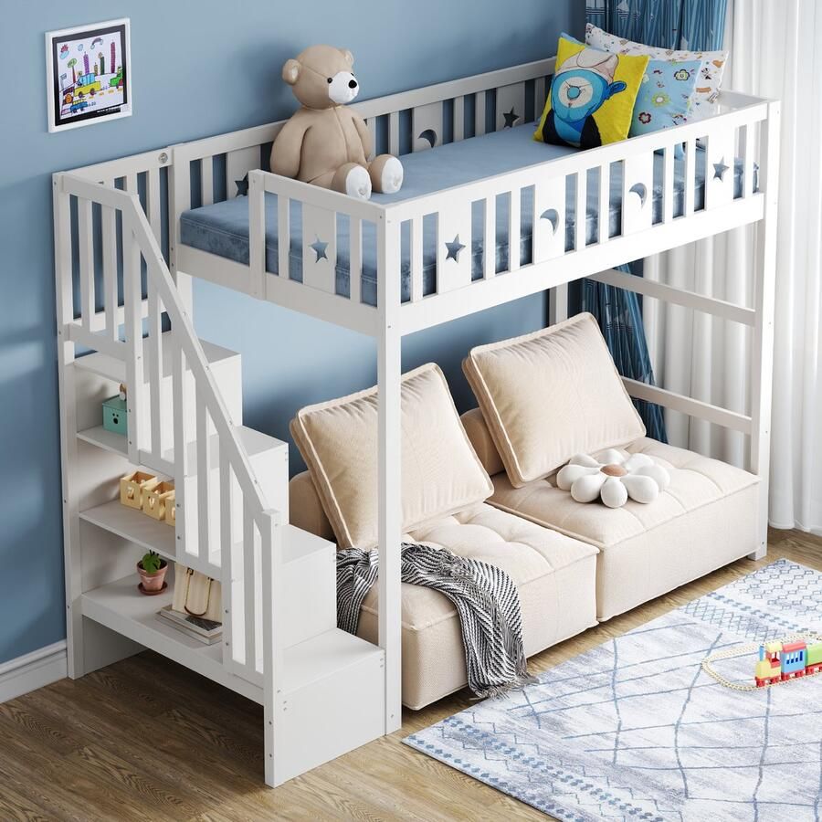 Merax Kinderbed hoogslaper 90 x 200 cm met trap massief houten hoogslaper met veiligheidshek ster- en maandecoratie. Wit zonder matras