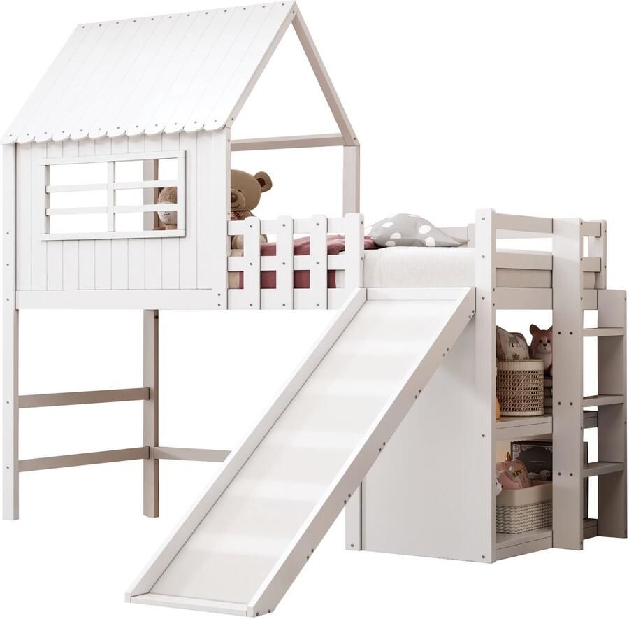 Merax Kinderbed Hoogslaper 90x200 cm – Dakbed Design met Veiligheidsladder Rutsche en Multifunctionele Opbergruimte – Wit Roze - Foto 2