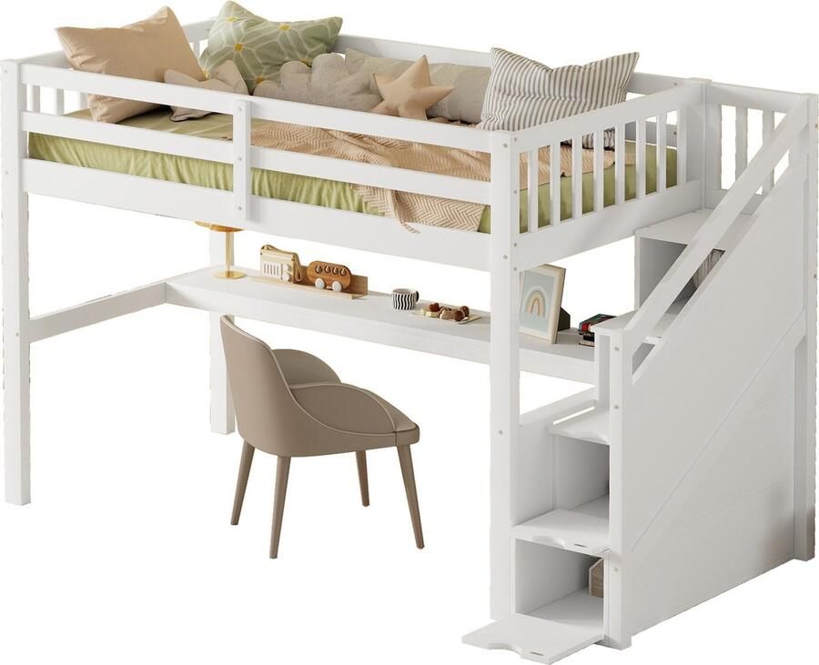 Merax Kinderbed Hoogslaper 90x200 cm met Bureau Bed met Opbergruimte en Uitvalbeveiliging Wit
