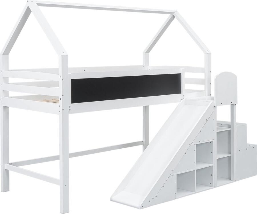 Merax Kinderbed Hoogslaper 90x200 cm met Glijbaan en Opbergruimte Bed met Uitvalbeveiliging en Krijtbord Wit