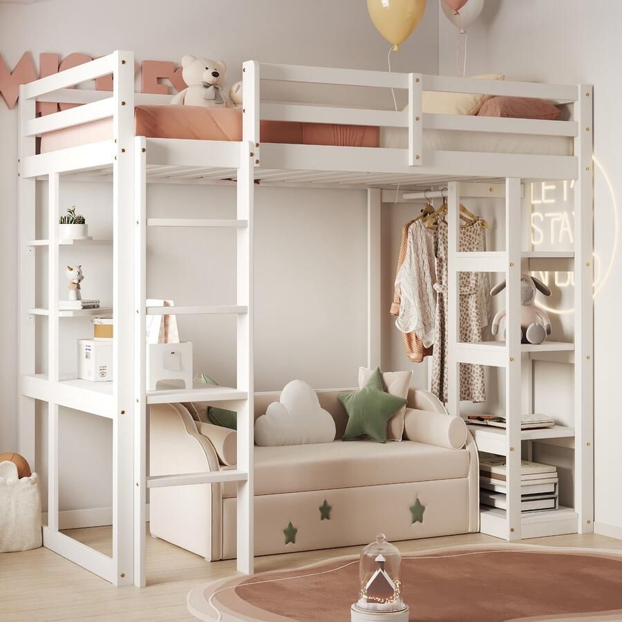 Merax Kinderbed hoogslaper 90x200 cm met ladder met tafel met hangers en planken eenpersoonsbed wit zonder matras