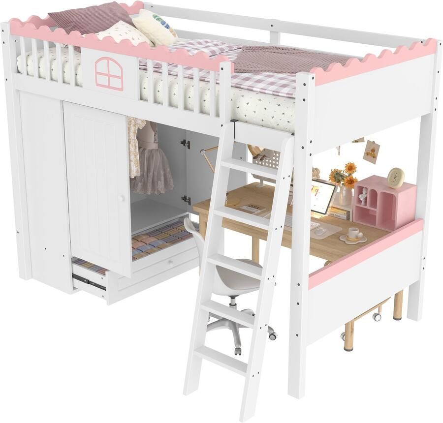 Merax Kinderbed Hoogslaper 90x200 cm met LED Verlichting Kledingkast en Opberglade – Houten Bed met Lattenbodem – EN747 Gecertificeerd – Wit met Roze