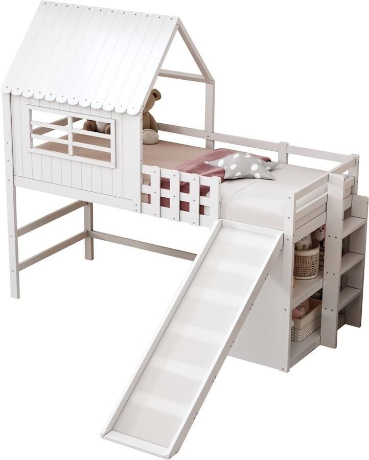 Merax Kinderbed Hoogslaper 90x200 cm – Dakbed Design met Veiligheidsladder Rutsche en Multifunctionele Opbergruimte – Wit Roze