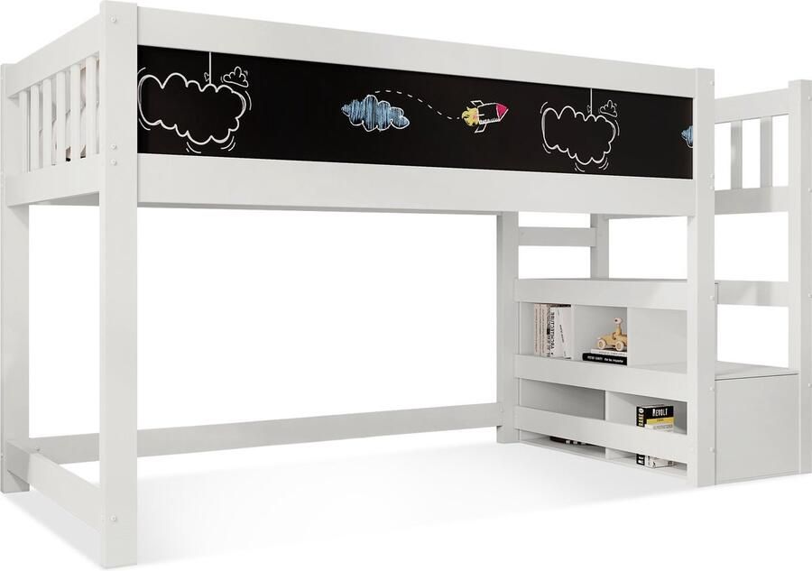 Merax Kinderbed Hoogslaper met Whiteboard & Krijtbord Bed met Opbergruimte en Valbeveiliging Wit