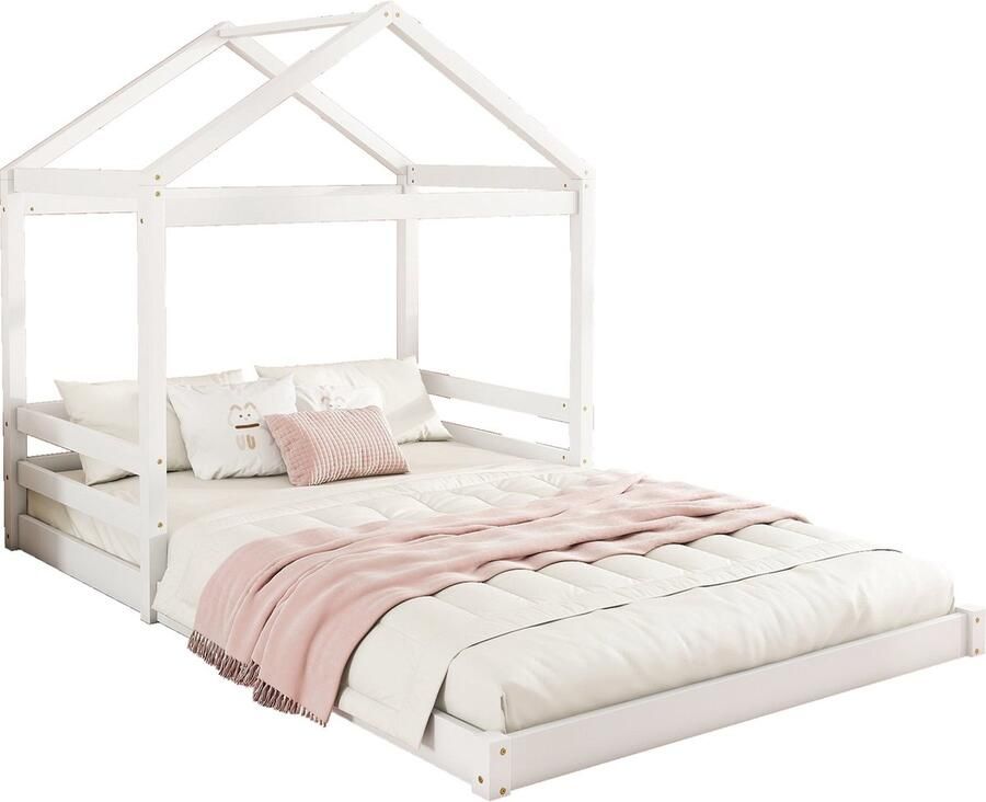 Merax Kinderbed Huisbed 140x200 cm – Bed in Huisvorm met Lattenbodem Kiefernhout Minimalistisch Design Wit