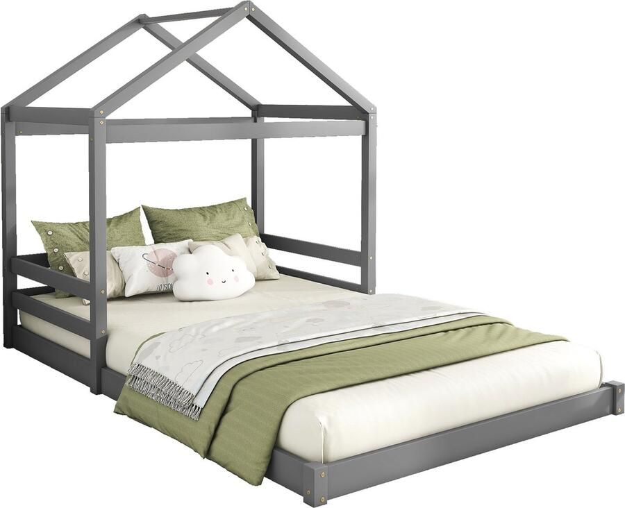 Merax Kinderbed Huisbed 140x200 cm – Huisvormig Bed van Kiefernhout met Lattenbodem (Zonder Matras) Grijs