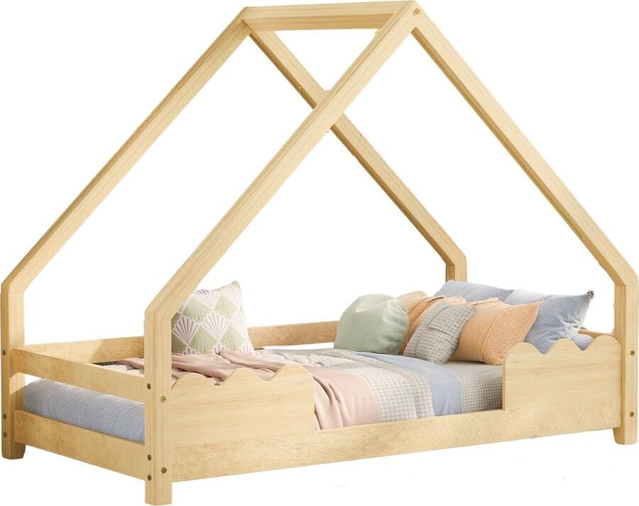 Merax Kinderbed Huisbed 80x160 cm Massief Houten Bed met Uitvalbescherming Speelbed voor Kinderen en Tieners Natuurlijk Hout Inclusief Lattenbodem (Zonder Matras)
