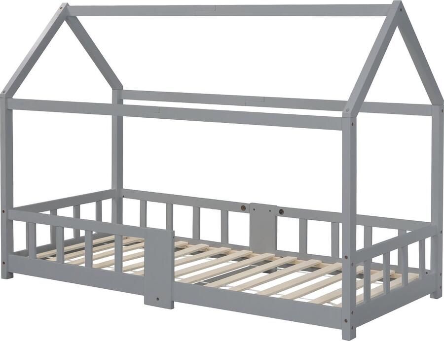 Merax Kinderbed Huisbed 90 x 200 cm Houten Bed voor Kinderkamer met Krijtbord en Uitvalbeveiliging Grijs Dennenhout