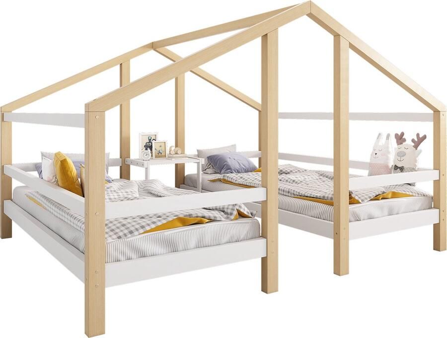 Merax Kinderbed Huisbed 90x200 cm voor 2 Kinderen – Tweepersoonsbed Onder Dak met Lattenbodem en Nachtkastje Jeugdbed met Uitvalbeveiliging Wit + Natuur (zonder matras)
