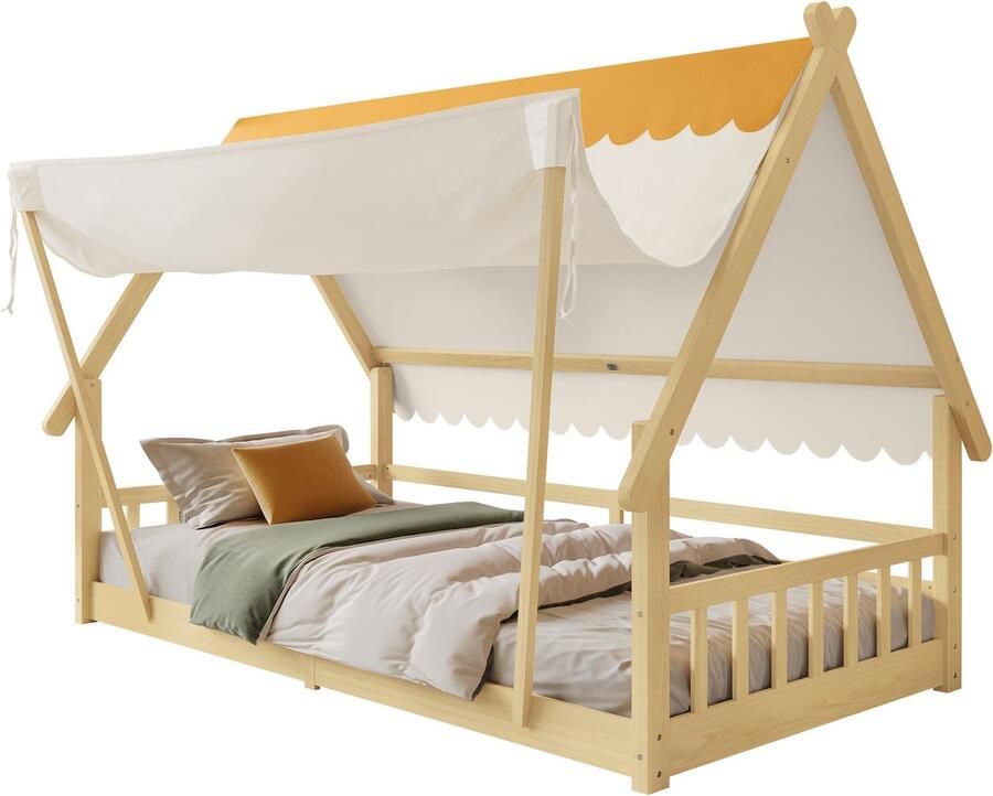 Merax Kinderbed Huisbed – Houten Bed 90x200 cm – Met Lattenbodem en Veiligheidsrail – Inclusief Afneembaar Zelt – Massief Hout – Naturel
