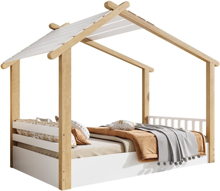 Merax Kinderbed Huisbed – Houten Bed 90x200 cm – Met Lattenbodem – Wit & Naturel – Massief Hout en MDF
