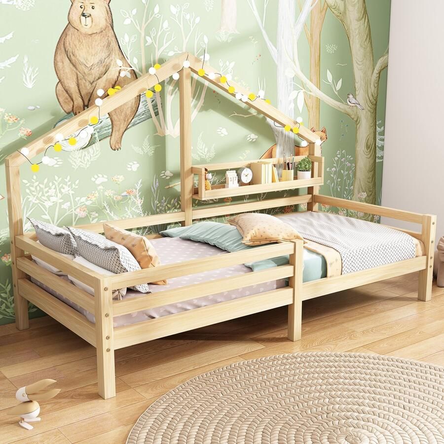 Merax Kinderbed huisbed met opbergplank open haard vorm 90x200cm natuurlijke kleur zonder matras