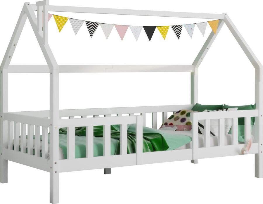 Merax Kinderbed Huisbed met Schoorsteen Houten Lattenbodem Kieferhout 90x200 cm Wit (Zonder Matras)
