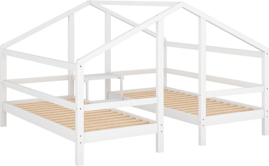 Merax Kinderbed Huisbed voor 2 Kinderen – 90x200 cm – Inclusief Lattenbodem en Nachtkastje – Wit