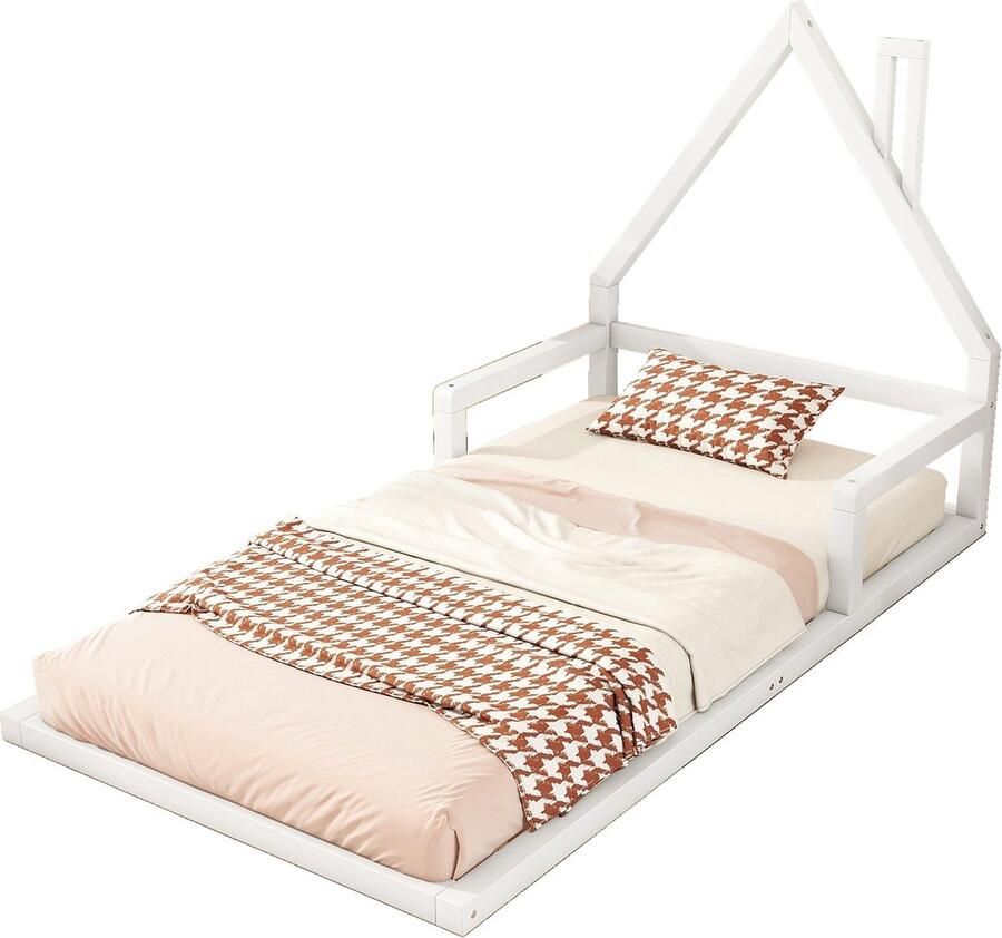 Merax 90x200 cm Kinderbed in Huisvorm met Schubladen en Lattenbodem Massief Kiefern Hout Wit