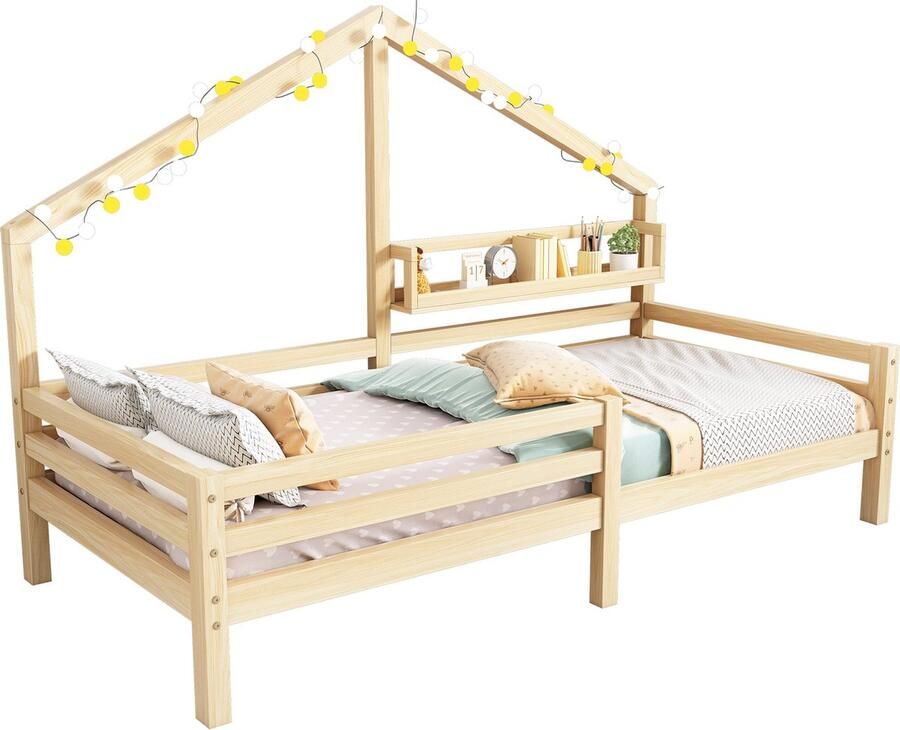 Merax Kinderbed Huisvorm 90x200 cm – Houten Huisbed met Plank – Eenpersoonsbed met Veiligheidshekje – Scandinavisch Design – Bruin