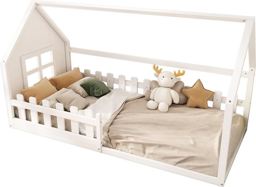Merax Kinderbed Huisvorm 90x200 cm Wit Houten Bed met Dak Montessori Bed Kinderkamer Inclusief Lattenbodem