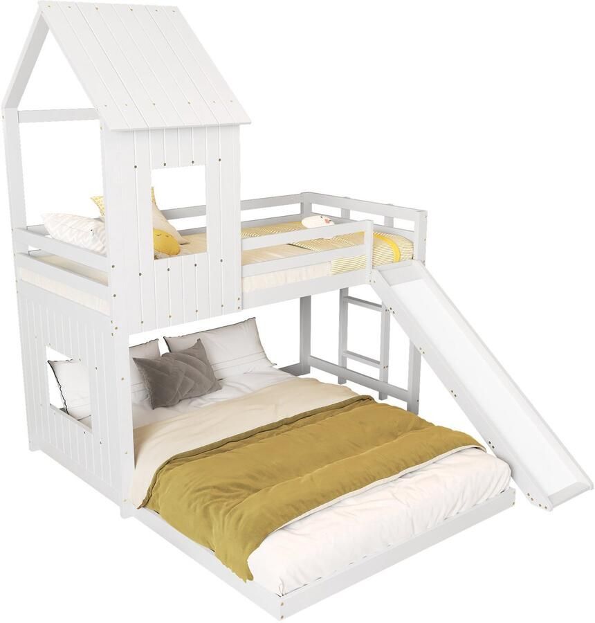 Merax Stapelbed met Glijbaan – Bed in Huisvorm – Kinderbed met Valbeveiliging Ramen Dak en 3-Traps Ladder – Hout & MDF – Wit – 90x200 cm & 140x200 cm