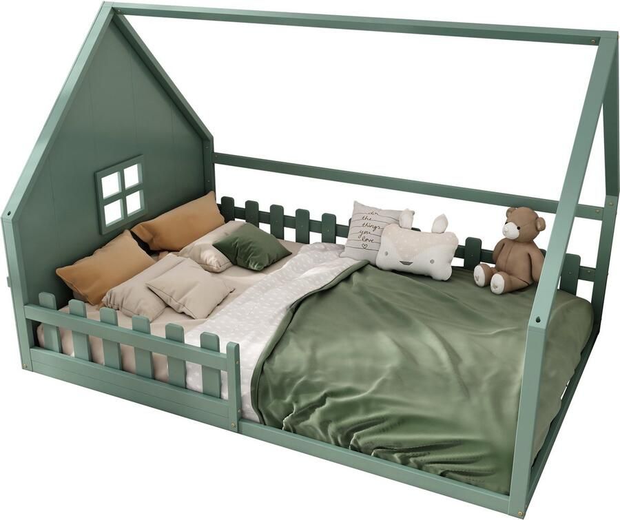 Merax Kinderbed in Huisvorm – 140x200 cm Bed met Houten Lattenbodem en Veiligheidsrails Groene Afwerking