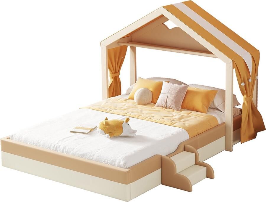 Merax Kinderbed in Huisvorm 140x200 cm Kunstleer Gestoffeerd Bed met Lattenbodem en Ladder Bruin