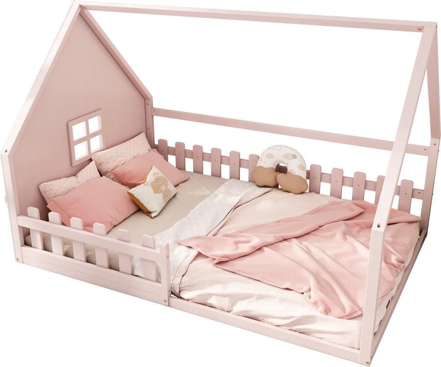 Merax Kinderbed in Huisvorm 140x200 cm Massief Hout Roze met Veiligheidshekje